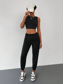 RueChic Solid Elastic Waist Slant Pocket Joggers - Black - View 5