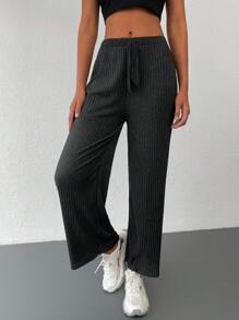 Cottnline Solid Knot Waist Ribbed Knit Sweatpants - Dark Grey - View 1