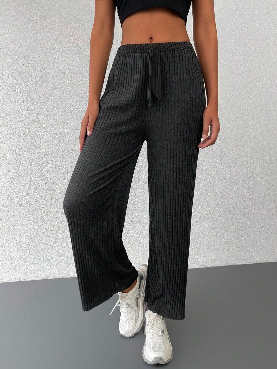 Cottnline Solid Knot Waist Ribbed Knit Sweatpants - Dark Grey - View 1