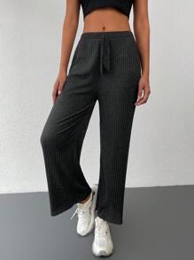 Cottnline Solid Knot Waist Ribbed Knit Sweatpants - Dark Grey - View 3