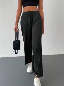 Cottnline Solid Knot Waist Ribbed Knit Sweatpants - Dark Grey - View 4