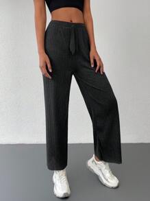 Cottnline Solid Knot Waist Ribbed Knit Sweatpants - Dark Grey - View 5