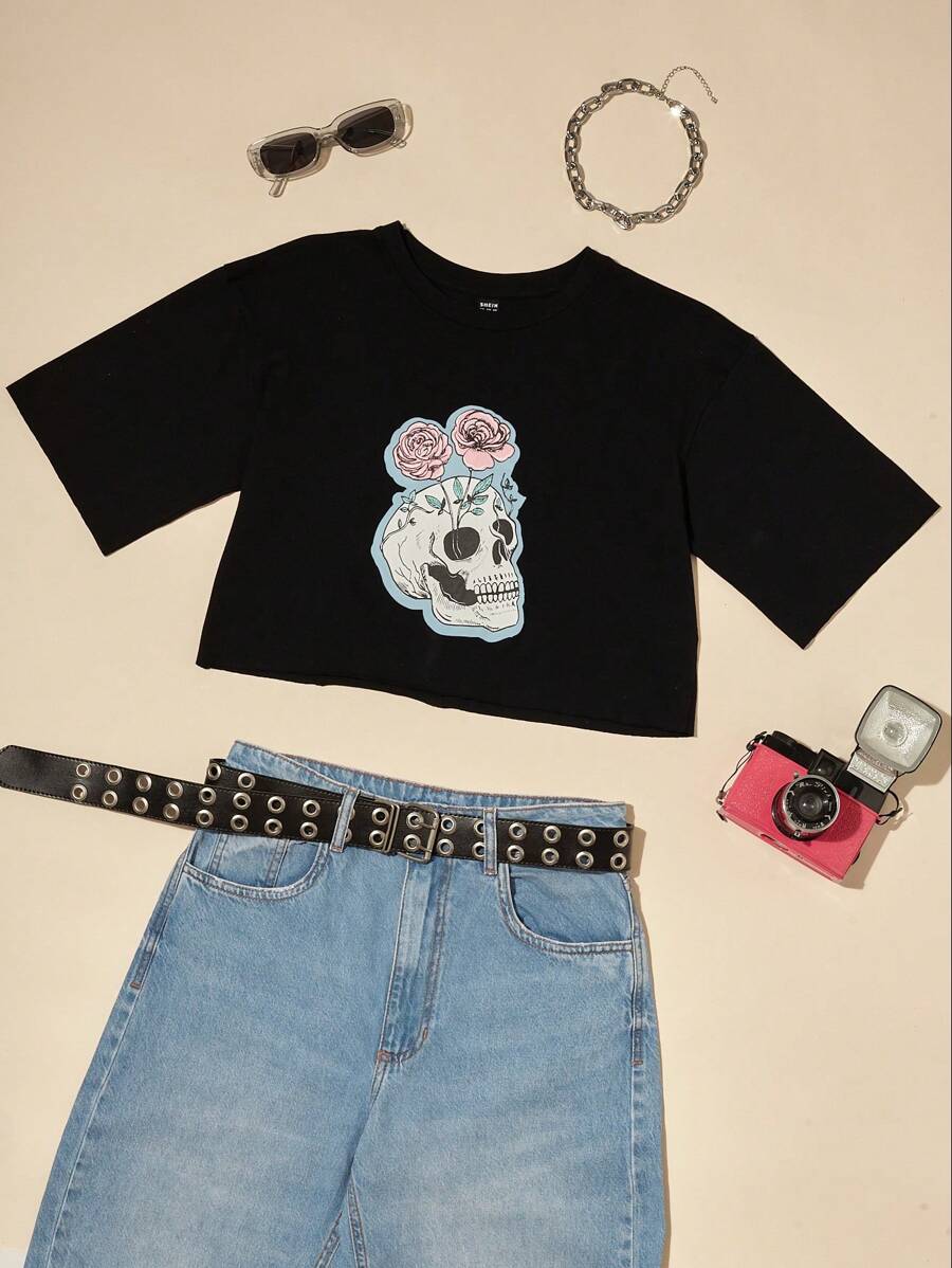 SHE(IN) BRASIL Skull Print Crop Tee - màu đen - Xem 1