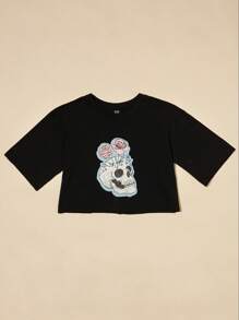 SHE(IN) BRASIL Skull Print Crop Tee - màu đen - Xem 4