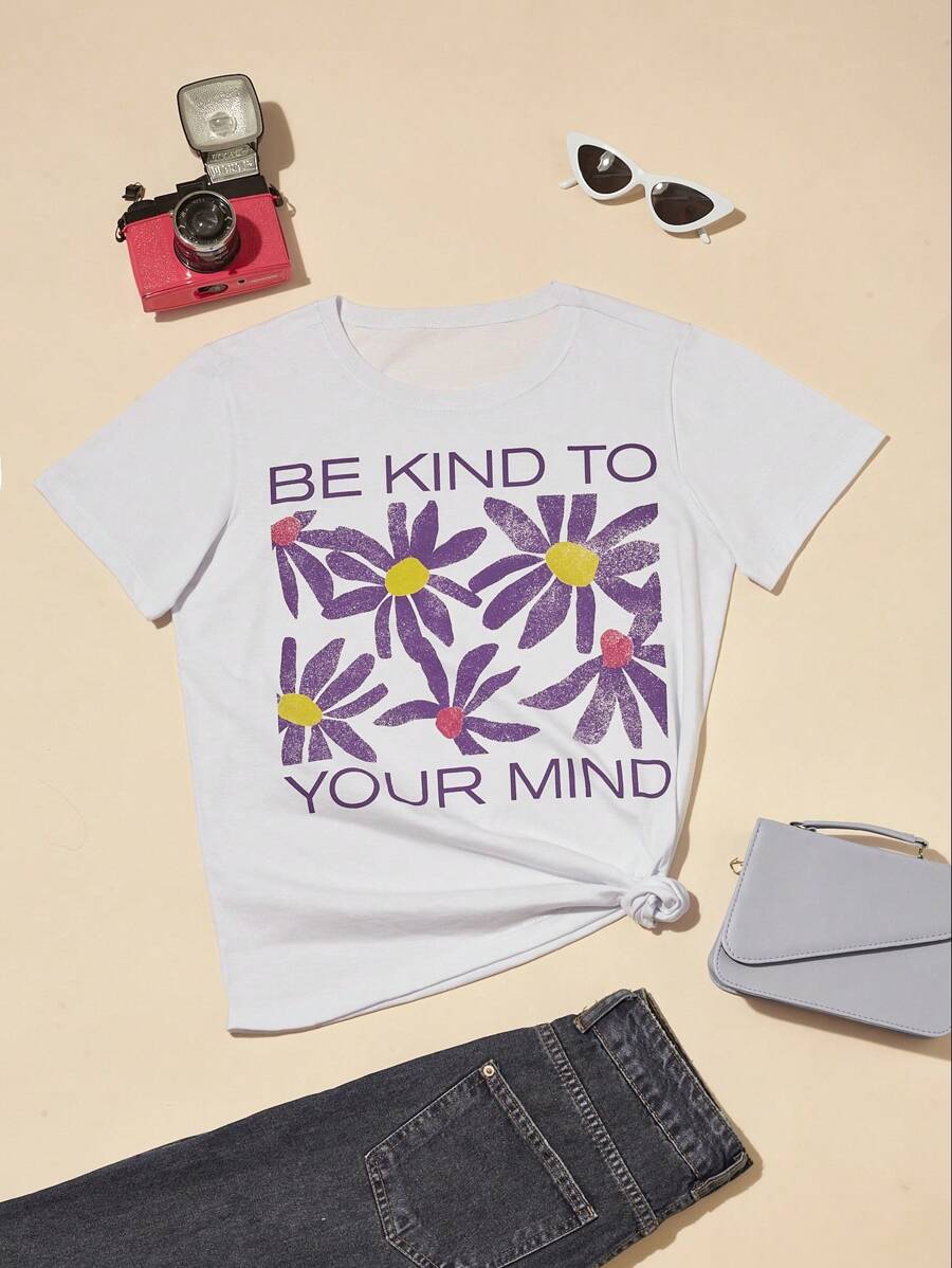 SHE(IN) BRASIL Floral & Slogan Graphic Tee - White - View 1