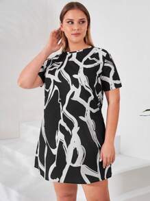 RueChic Plus Graphic Print Tee Dress - Black and White - View 3