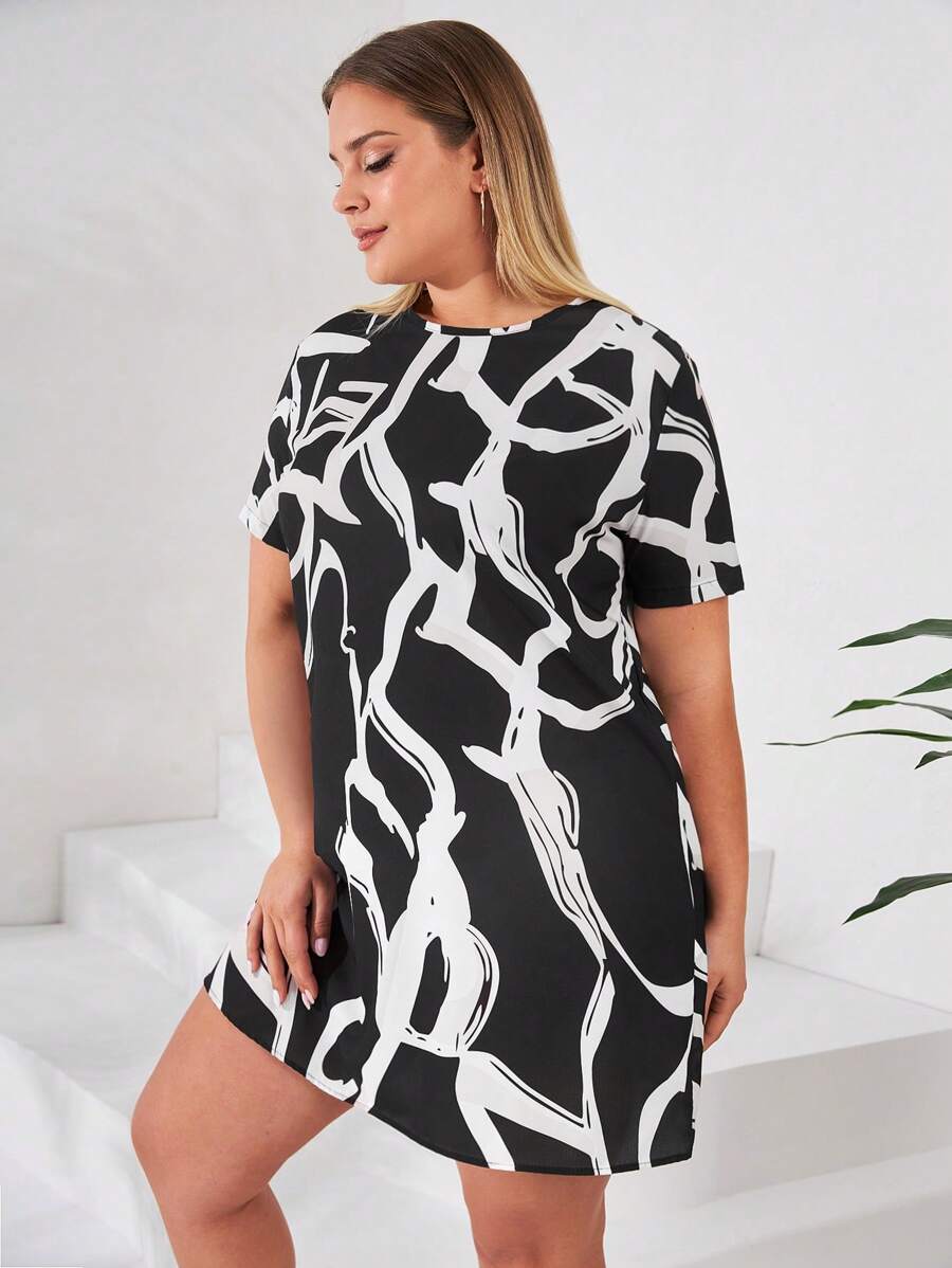 RueChic Plus Graphic Print Tee Dress - Black and White - View 1