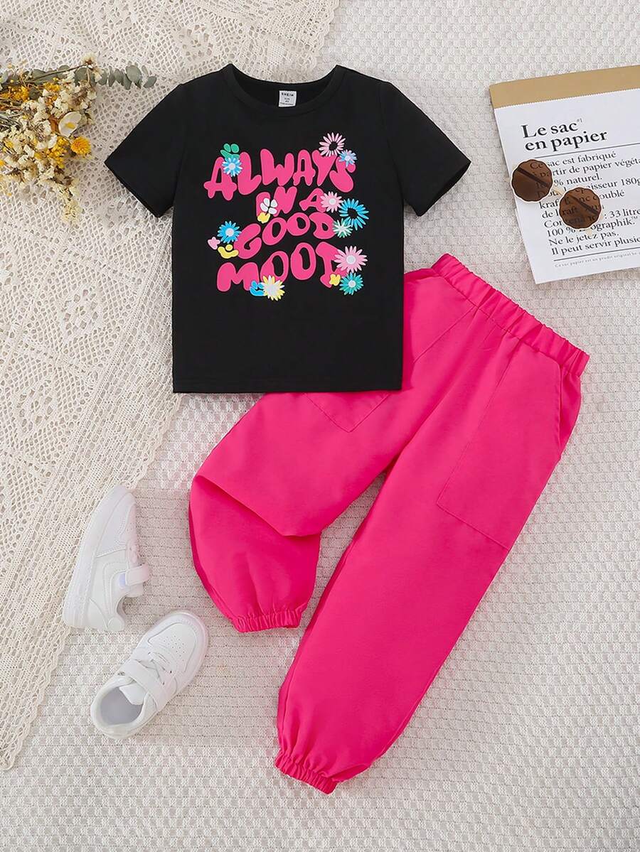 SHEIN 年輕女孩標語圖案t恤和褲子套裝 - 彩色 - 查看 1