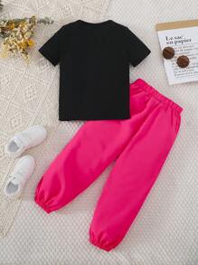 SHEIN 年輕女孩標語圖案t恤和褲子套裝 - 彩色 - 查看 2
