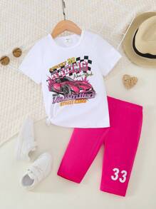 SHEIN 小女童汽車和字母圖案T恤和緊身褲套裝 - 彩色 - 查看 1