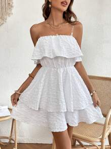 SHEIN VCAY 素色層疊下擺抹胸連衣裙不附胸罩 - 白色 - 查看 4