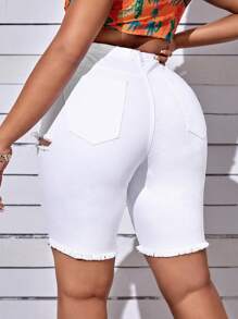 SHEIN SXY Plus Ripped Raw Hem Denim Shorts - White - View 2