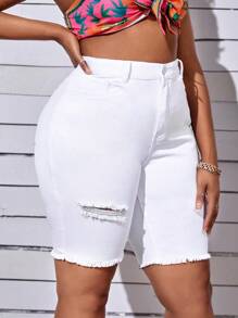 SHEIN SXY Plus Ripped Raw Hem Denim Shorts - White - View 5