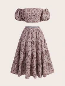 GENKIRA 印花一字肩短款上衣和荷葉邊半身裙 - 藕粉色 - 查看 1