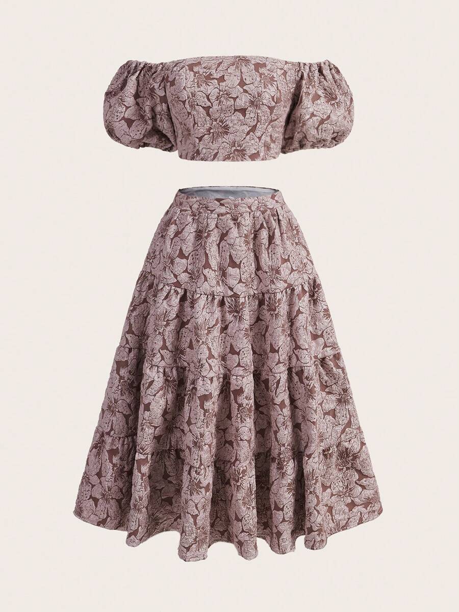 GENKIRA 印花一字肩短款上衣和荷葉邊半身裙 - 藕粉色 - 查看 1