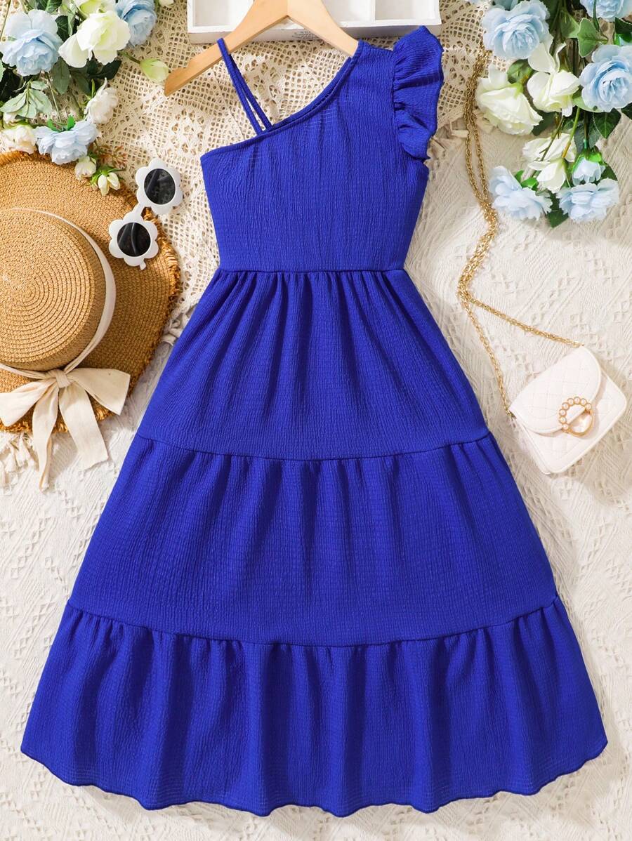 SHEIN 女孩不對稱領荷葉邊連衣裙 - 寶藍色 - 查看 1