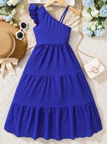 SHEIN 女孩不對稱領荷葉邊連衣裙 - 寶藍色 - 查看 2