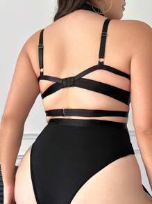 SHEIN Bộ đồ liền thân Teddy có dây buộc vòng Plus kèm vòng cổ có 1 cặp vòng chân - màu đen - Xem 2