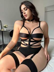 SHEIN Bộ đồ liền thân Teddy có dây buộc vòng Plus kèm vòng cổ có 1 cặp vòng chân - màu đen - Xem 3