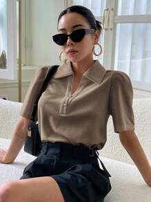 DAZY Camiseta Sólida De Cuello De Polo Con Mangas Abullonadas - Marrón Mocha - Ver 3