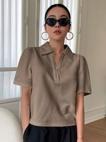 DAZY Camiseta Sólida De Cuello De Polo Con Mangas Abullonadas - Marrón Mocha - Ver 4