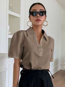 DAZY Camiseta Sólida De Cuello De Polo Con Mangas Abullonadas - Marrón Mocha - Ver 5