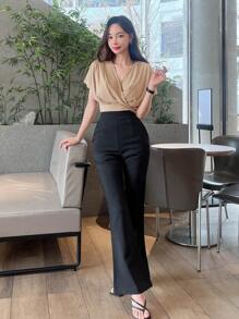 DAZY 素色前扭結蝙蝠袖T恤 - 杏色 - 查看 3