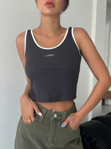 DAZY Áo khoác và áo lót dành cho xe tăng nữ Gân đan Tương phản ràng buộc Lá thư Giải trí - Xám - Xem 7