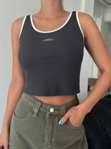 DAZY Áo khoác và áo lót dành cho xe tăng nữ Gân đan Tương phản ràng buộc Lá thư Giải trí - Xám - Xem 8