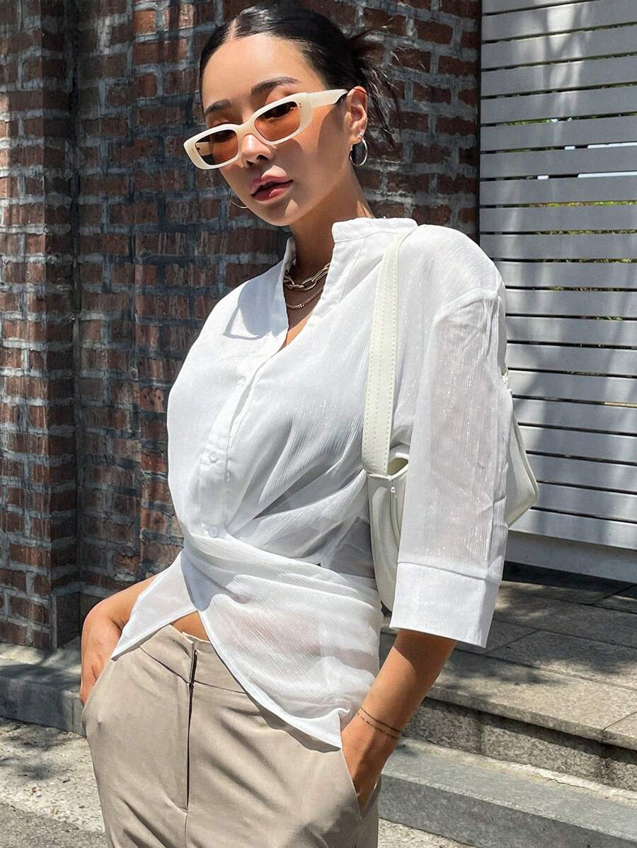 DAZY Solid Button Front Shirt - White - View 1