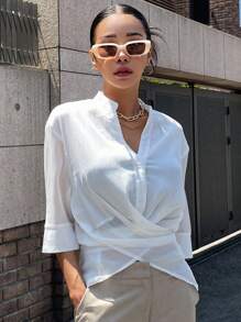 DAZY Solid Button Front Shirt - White - View 4