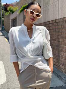 DAZY Solid Button Front Shirt - White - View 6