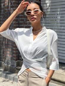 DAZY Solid Button Front Shirt - White - View 7