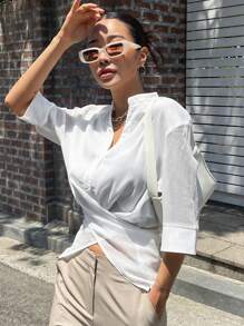 DAZY Solid Button Front Shirt - White - View 8