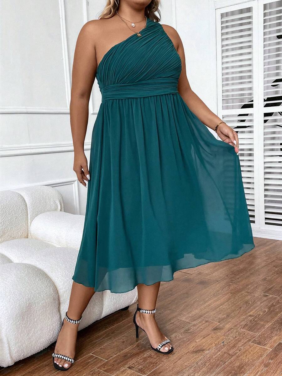 SHEIN Clasi Vestido de un hombro fruncido de gasa - Verde Oscuro - Ver 1