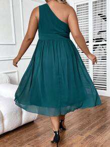 SHEIN Clasi Vestido de un hombro fruncido de gasa - Verde Oscuro - Ver 2