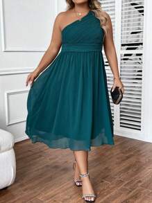 SHEIN Clasi Vestido de un hombro fruncido de gasa - Verde Oscuro - Ver 4