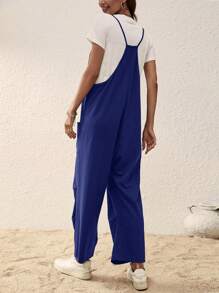 SHEIN LUNE Áo liền quần nữ Túi màu trơn Giải trí - Màu xanh hải quân - Xem 2