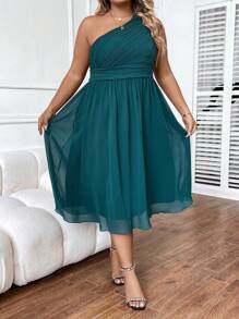 SHEIN Clasi Vestido de un hombro fruncido de gasa - Verde Oscuro - Ver 5