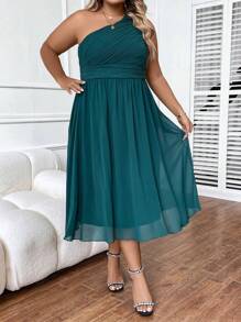 SHEIN Clasi Vestido de un hombro fruncido de gasa - Verde Oscuro - Ver 6