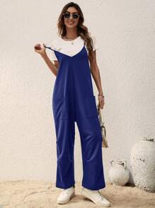 SHEIN LUNE Áo liền quần nữ Túi màu trơn Giải trí - Màu xanh hải quân - Xem 6