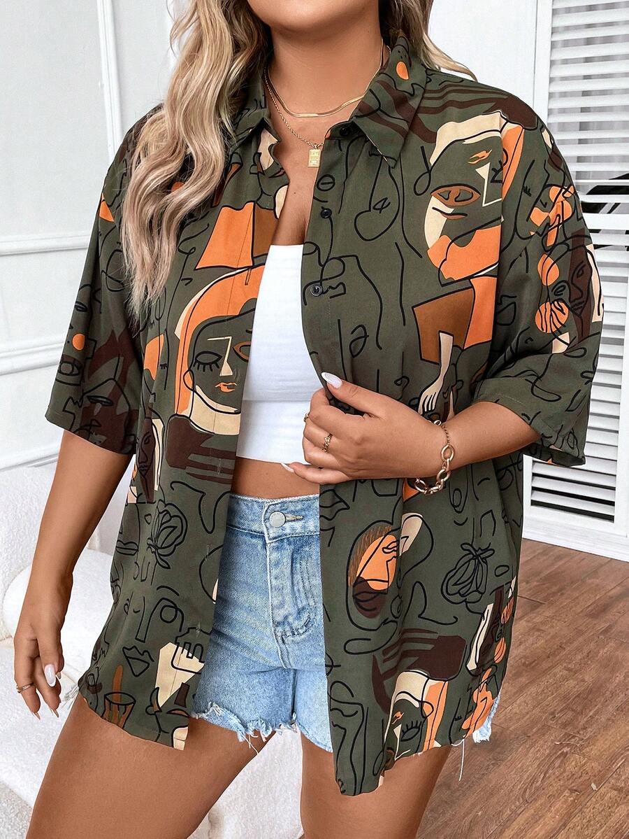 SHEIN LUNE Áo sơ mi Plus Size Nút phía trước Con số Tất cả trên in Giải trí - màu xanh lá - Xem 1