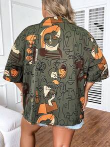 SHEIN LUNE Áo sơ mi Plus Size Nút phía trước Con số Tất cả trên in Giải trí - màu xanh lá - Xem 2