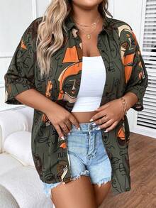 SHEIN LUNE Áo sơ mi Plus Size Nút phía trước Con số Tất cả trên in Giải trí - màu xanh lá - Xem 4