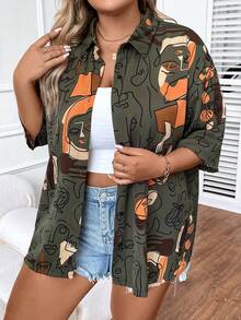 SHEIN LUNE Áo sơ mi Plus Size Nút phía trước Con số Tất cả trên in Giải trí - màu xanh lá - Xem 5
