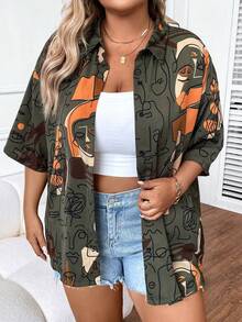 SHEIN LUNE Áo sơ mi Plus Size Nút phía trước Con số Tất cả trên in Giải trí - màu xanh lá - Xem 6