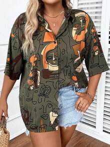 SHEIN LUNE Áo sơ mi Plus Size Nút phía trước Con số Tất cả trên in Giải trí - màu xanh lá - Xem 7