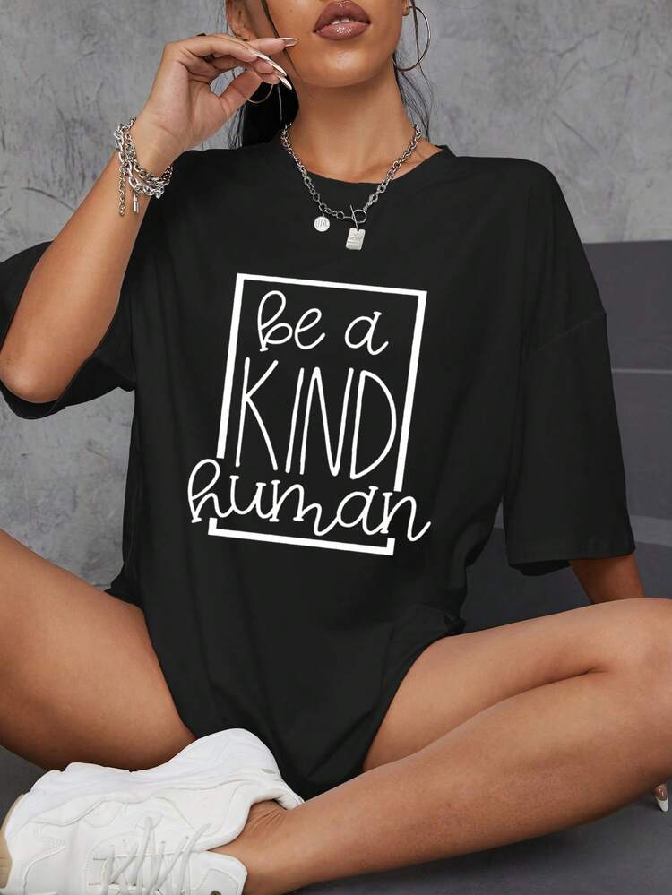 SHEIN EZwear Slogan Graphic Drop Shoulder Tee - Black - View 1