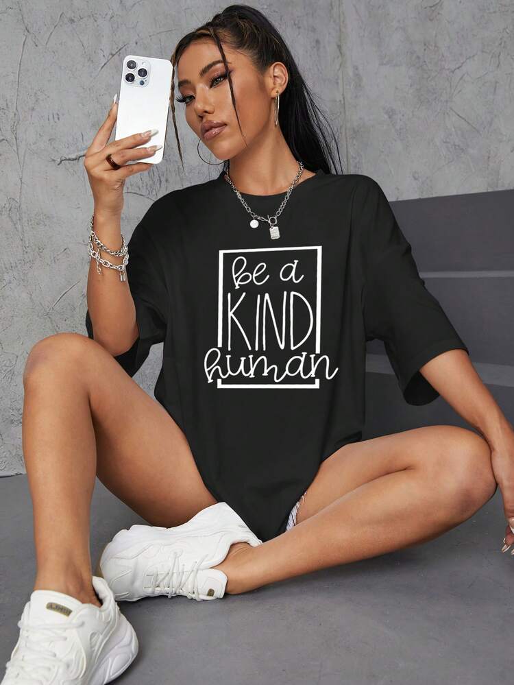 SHEIN EZwear Slogan Graphic Drop Shoulder Tee - Black - View 3