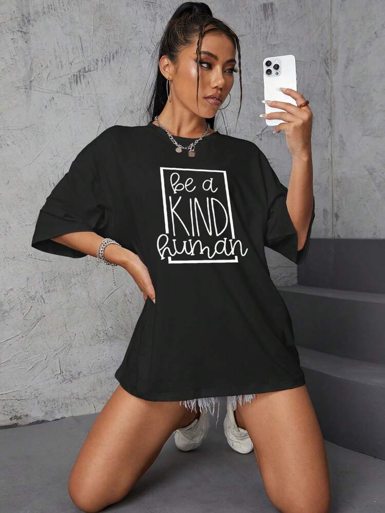 SHEIN EZwear Slogan Graphic Drop Shoulder Tee - Black - View 4